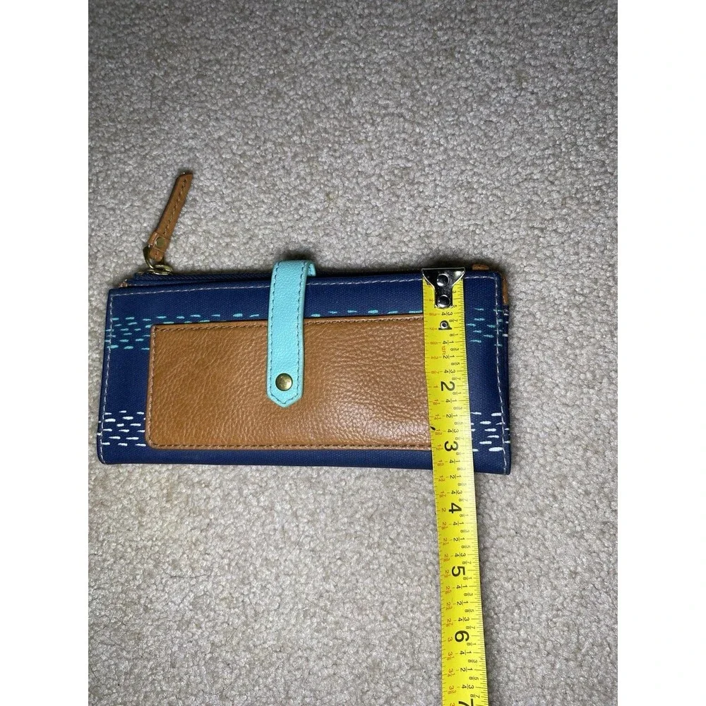 Fossil Logan Flap Clutch Navy Blue Teal Dash Canvas Leather